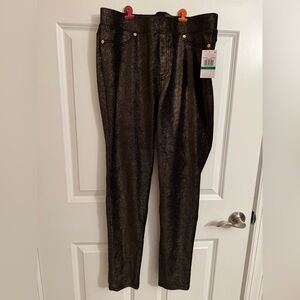 NWT Michael Kors women's large black and gold metallic pull-on skinny leggings